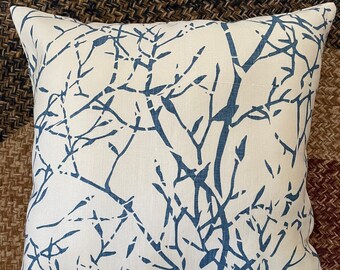 Pillow covers in blue and off-white linen by Kravet, "branches", 18x18 inches, easy care.