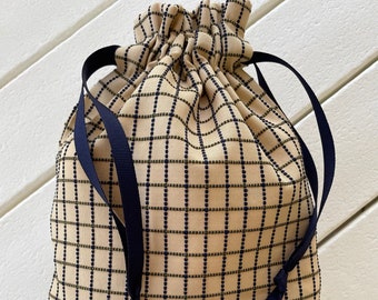 Gift bag in Navy Blue and Gold windowpane check fabric, blue drawstrings, 9 x 12 inches