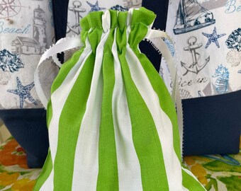 Small green and white striped cotton fabric gift bag with drawstrings, two sizes