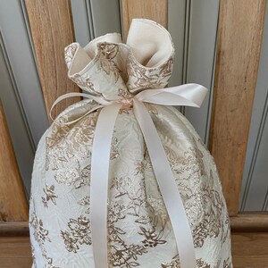 Ivory and gold floral brocade fabric gift bag, lined, several sizes