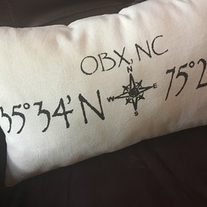 Outer Banks, NC pillow, 12x20 inches, with map coordinates image 2