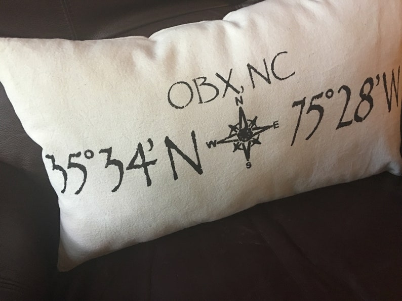 Outer Banks, NC pillow, 12x20 inches, with map coordinates image 2