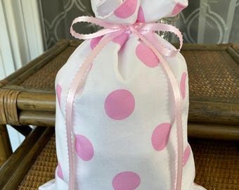Pink Polka Dot Cotton Gift Bag: Reusable Fabric Favor Bag