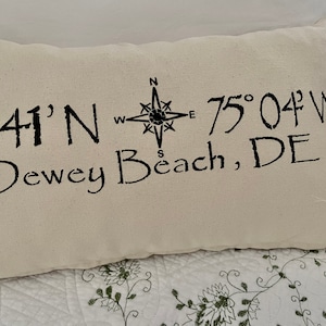 Dewey Beach, DE Pillow: Stenciled Map Coordinates, Handmade Insert