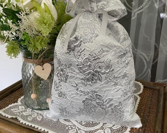 Silver Satin Brocade Gift Bag: Lined Holiday Favor Bag