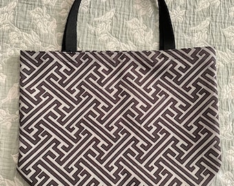 Set of two (2) grocery tote bags, farmers market tote, Greek Key pattern  in gray and silver polyester fabric, 14 x 17 x 5 inches