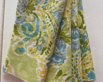 Set of 4 linen napkins, 16 x 16 inches with rolled hem, sunny yellow, turquoise and blue.