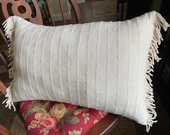 Pillow covers in a natural colored, woven cotton fabric, subtle geometric pattern, 20x20 inches, and 16x24"