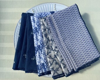 Set of 8 decorator cotton fabric napkins, two sizes, in coordinating blue and white patterns