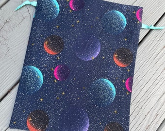 Fabric gift bag with planets, moons and stars,  9 x 12" with blue grosgrain drawstrings.