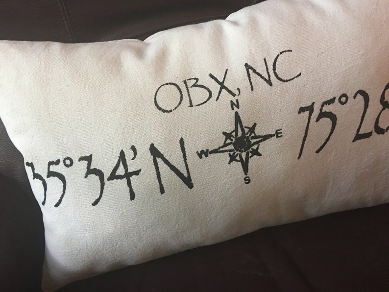 Outer Banks, NC pillow, 12x20 inches, with map coordinates image 3