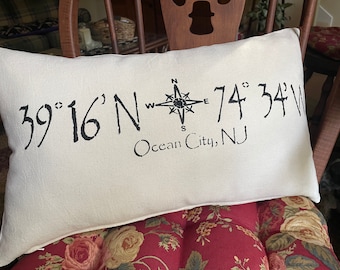 Ocean City, NJ stenciled pillow, 12x20 inches, 100% cotton canvas duck cloth, easy care