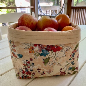 Fabric storage basket, wildflower themed fabric, 7 1/2x5x6 inches, lined with fold-over cuff