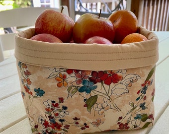 Fabric storage basket, wildflower themed fabric, 7 1/2x5x6 inches, lined with fold-over cuff