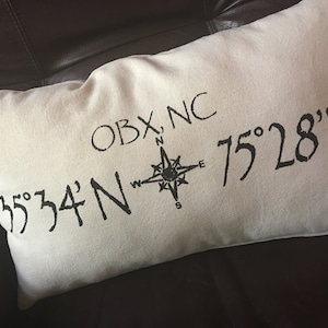 Outer Banks, NC pillow, 12x20 inches, with map coordinates image 1