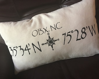 Outer Banks, NC pillow, 12x20 inches, with map coordinates