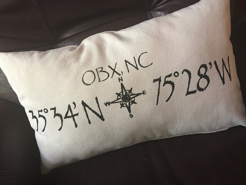 Outer Banks, NC pillow, 12x20 inches, with map coordinates image 1