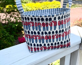 Small shelf organizer, storage basket, in Cath Kidston imported fabric, lined in blue white ticking stripes