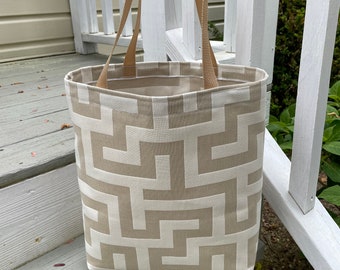 Tote bag, beige and ivory geometric print, 14 1/2" tall, 18" wide, 5" deep