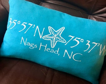 Nags Head, NC pillow in turquoise blue cotton duck cloth, 12x20 inches