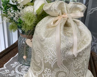 Satin brocade gift bags, paisley print with gold on ivory satin, lined - two sizes.