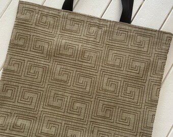 Medium sized shopping tote, rich tones of tan and taupe with embroidered Greek key motif