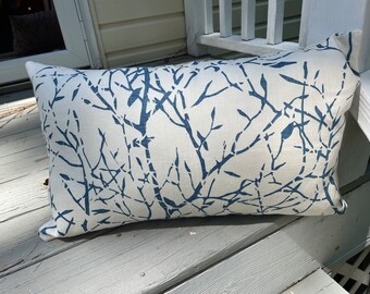 Blue and white throw pillow, 2 sizes, cotton fabric by Kravet called "branches".