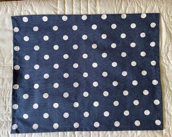 Placemats, set of 4, blue cotton with white polka dots, unlined, 14 x 18"