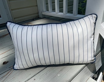 Throw pillow, white cotton with thin blue stripe, blue cording around the perimeter, 2 sizes
