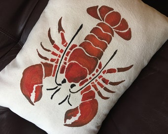 Small throw pillow 12x16" with hand stenciled red lobster, coastal pillow