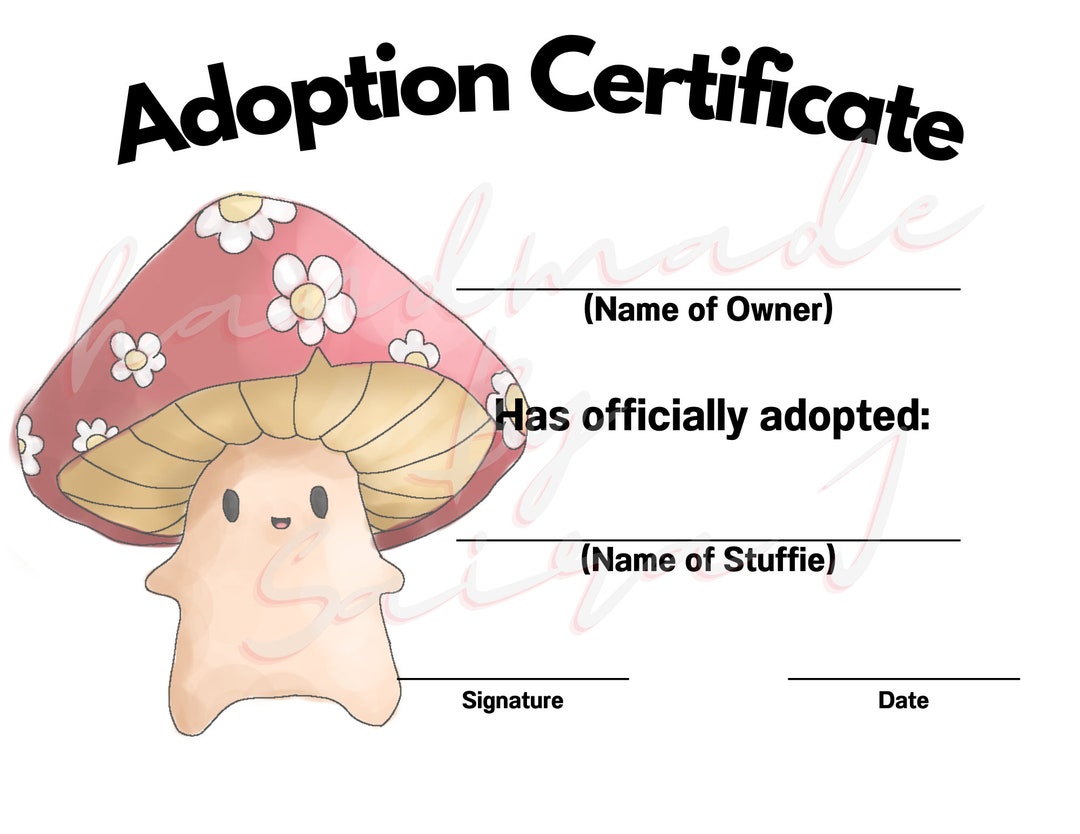 Cute Mushroom Printable Stuffed Animal Adoption Certificate ...