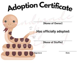 Snake Printable Stuffed Animal Adoption Certificate Downloadable Plushie Lovey Lovies Stuffie Plush Crochet Sewing Knitting Toy Gift