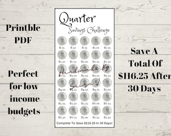 May include: A printable chart with a quarter savings challenge. The chart has 30 spaces for quarters, with the amount increasing by $0.25 for each space. The chart is designed to help people save a total of $116.25 after 30 days.