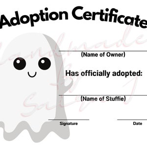 Ghost Printable Stuffed Animal Adoption Certificate Downloadable Plushie Lovey Stuffie Plush Crochet Sewing Knitting Build A Bear Inspired