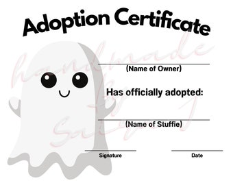 Ghost Printable Stuffed Animal Adoption Certificate Downloadable Plushie Lovey Stuffie Plush Crochet Sewing Knitting Build A Bear Inspired