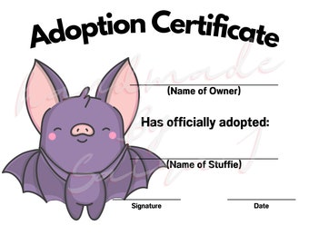 Bat Printable Stuffed Animal Adoption Certificate Downloadable Plushie Lovey Lovies Stuffie Plush Crochet Sewing Knitting Toy Gift