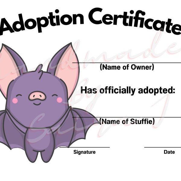 Murciélago imprimible relleno animal adopción certificado descargable Plushie Lovey Lovies Stuffie felpa crochet costura tejer juguete regalo