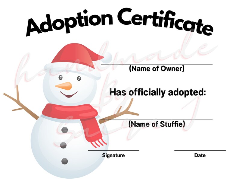 Snowman Printable Stuffed Animal Adoption Certificate - Etsy