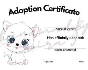 Weißes Kätzchen Adoption Zertifikat, Printable Plushie Geschenk (PDF)