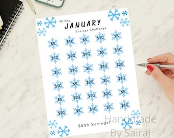 Januar 30-Tage-Spar-Challenge zum ausdrucken, 300 Dollar Sparziel (digitaler Download)
