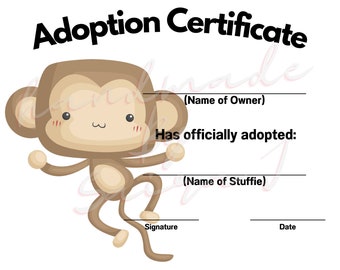 Affe Stofftier Adoptionsurkunde (PDF Download)