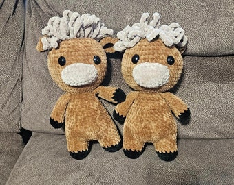 Highland Cow Crochet Plushie Stuffed Animal Toy Brown Hair Fur Moo