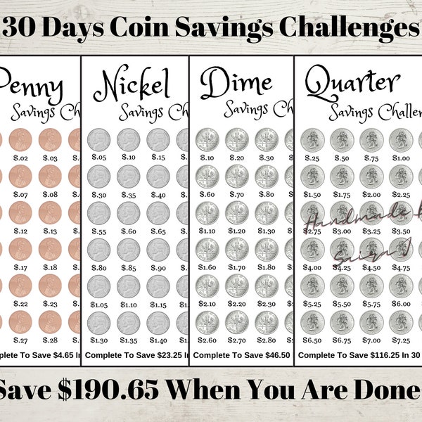 Printable A6 Penny, Nickel, Dime and Quarter Savings Challenge Set