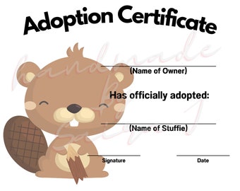 Beaver Printable Stuffed Animal Adoption Certificate Downloadable Plushie Lovey Lovies Stuffie Plush Crochet Sewing Knitting Toy Paper