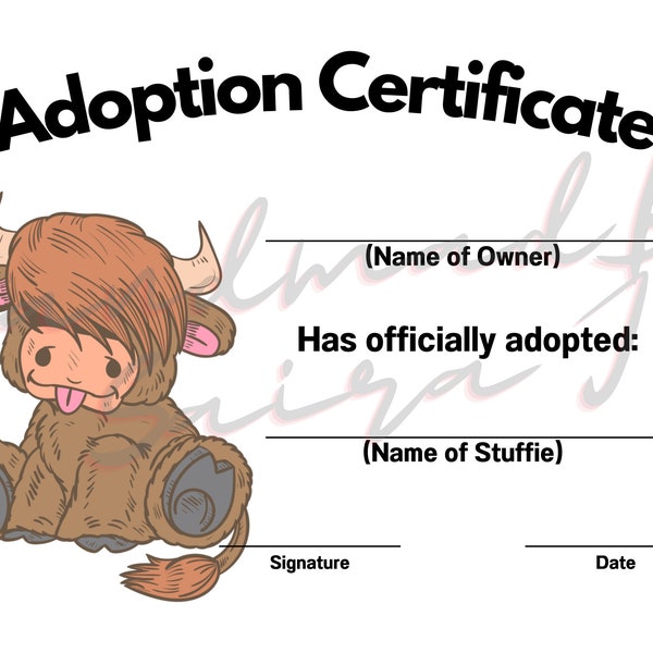 Highland Cow Printable Stuffed Animal Adoption Certificate Downloadable Plushie Lovey Lovies Stuffie Plush Crochet Sewing Knitting Gift Toy