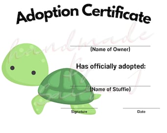 Turtle Printable Stuffed Animal Adoption Certificate Downloadable Plushie Lovey Lovies Stuffie Plush Crochet Sewing Knitting Toy Paper