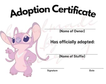 Pink Alien Cat Printable Stuffed Animal Adoption Certificate Downloadable Plushie Lovey Lovies Stuffie Plush Crochet Sewing Knitting