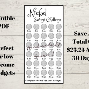 May include: A printable savings challenge chart with a white background and black text. The chart is divided into 30 squares, each representing a day of the month. Each square has a different amount of money to save, starting with £0.05 and increasing by £0.05 each day. The chart is titled "Nickel Savings Challenge" and includes the text "Complete To Save £23.25 In 30 Days!"  The chart also includes the text "Save A Total Of £23.25 After 30 Days".