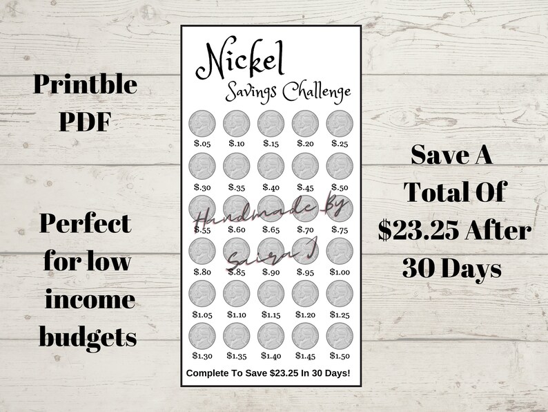 May include: A printable savings challenge chart with a white background and black text. The chart is divided into 30 squares, each representing a day of the month. Each square has a different amount of money to save, starting with $0.05 and increasing by $0.05 each day. The chart is titled "Nickel Savings Challenge" and includes the text "Complete To Save $23.25 In 30 Days!"  The chart also includes the text "Save A Total Of $23.25 After 30 Days".