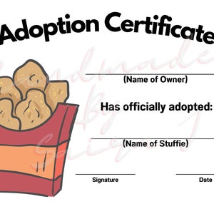 Könnte beinhalten: Ein druckbares Adoptionszertifikat für ein Stofftier. Das Zertifikat zeigt ein Cartoon-Bild einer Schachtel Brathähnchen. Der Text auf dem Zertifikat lautet "Adoptionszertifikat" und enthält Platz für den Namen des Besitzers, den Namen des Stofftiers, die Unterschrift und das Datum.